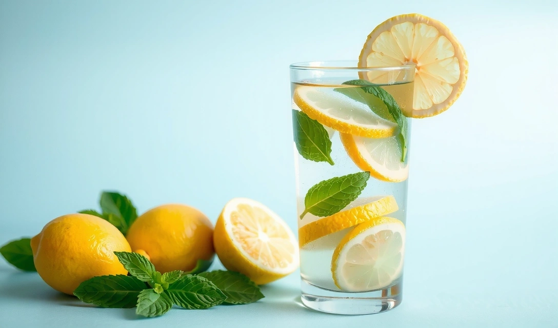Zdjęcie przedstawiające szklankę wody z cytryną i ziołami