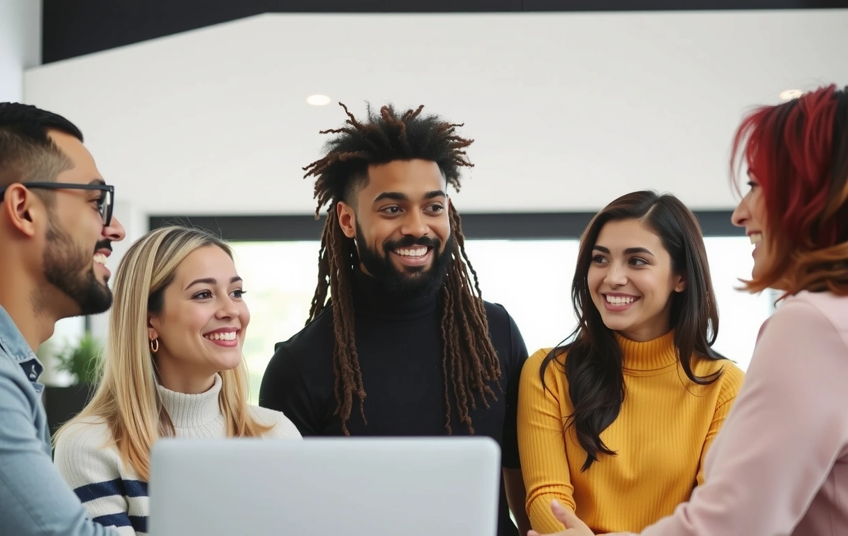 Grupa osób dyskutujących w przyjaznej atmosferze, symbolizująca zasady komunikacji online