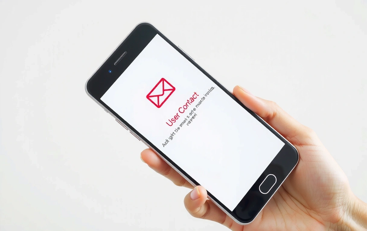 Ręka trzymająca smartfon z ikoną koperty, symbolizującą kontakt i zgłaszanie problemów