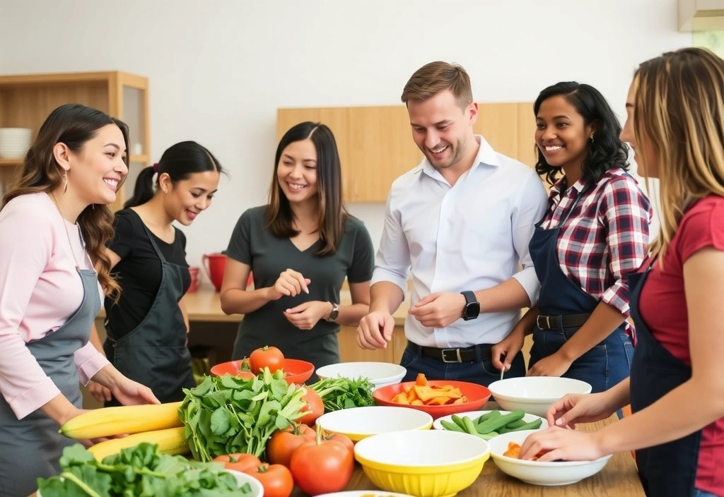 Grupa ludzi uczących się gotować zdrowe posiłki na warsztatach